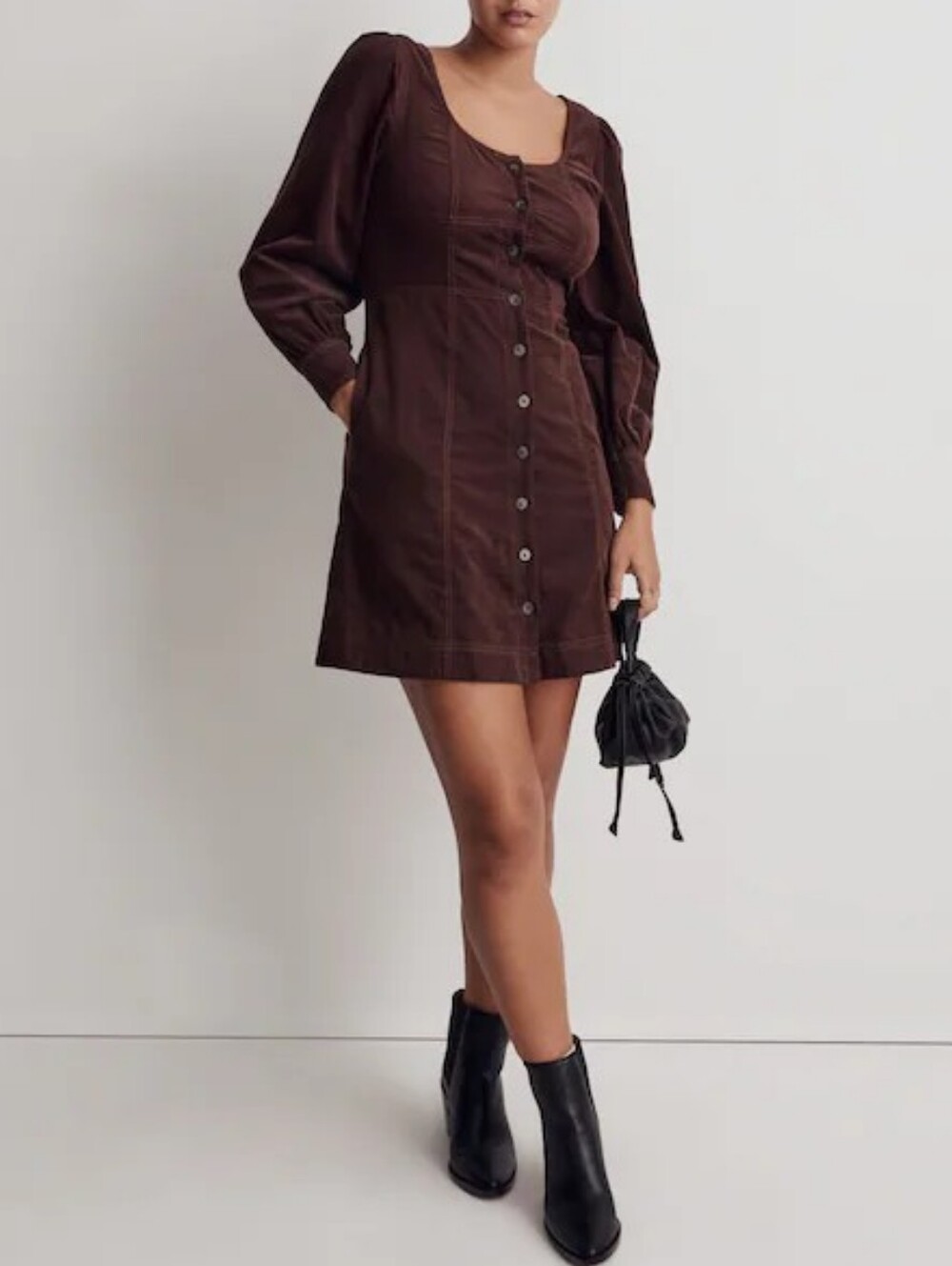 Madewell Corduroy Mini Dress Size 4 Brown Button Front Square Neck Puff Sleeve